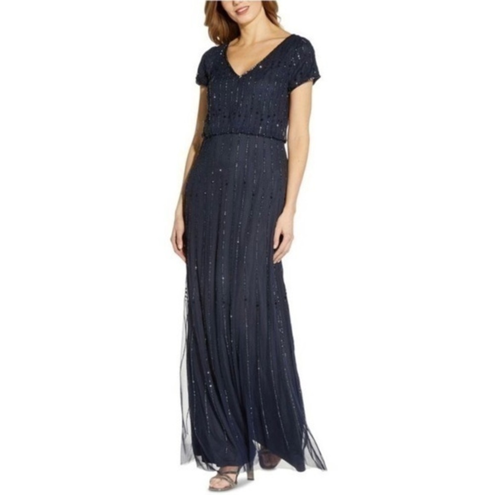 ADRIANNA PAPELL Beaded V-neck Short Sleeve Blouson Gown in Navy Size 2
